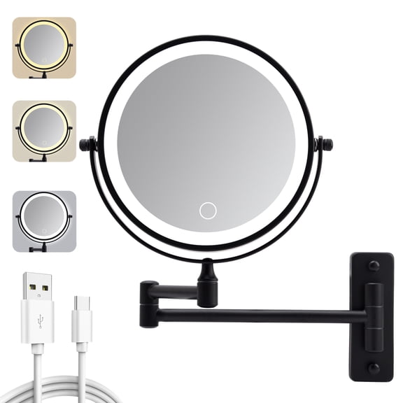 FENGFAN Wall Mounted Lighted Makeup Mirror Rechargeable Double Sided 1X/10X Magnifying Black Metal Round 8 Inch 1 Pack