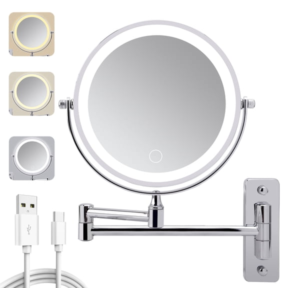 FENGFAN Wall Mounted Lighted Makeup Mirror Rechargeable Double Sided 1X/10X Magnifying Chrome Metal Round 8 Inch 1 Pack