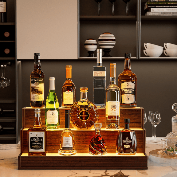FENGFAN Walnut 24 Inch LED Liquor Bottle Display Shelf, 3 Step Freestanding Lighted Bar Shelf with App Remote Control