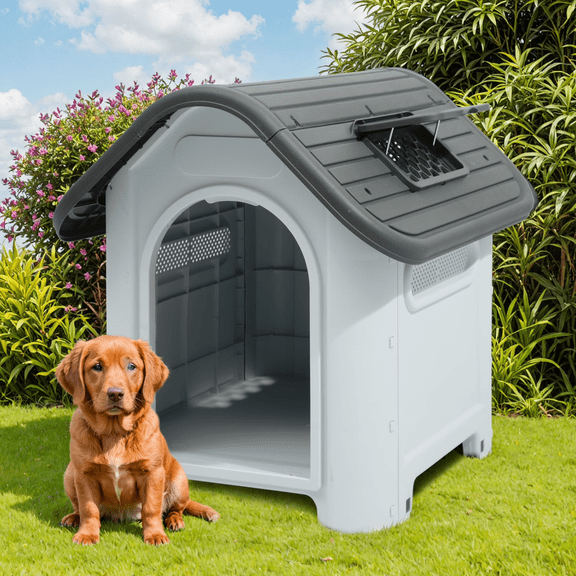 FENGFAN Waterproof Plastic Dog House Adjustable Skylight Elevated Floor 30 Inch Gray Single Pack