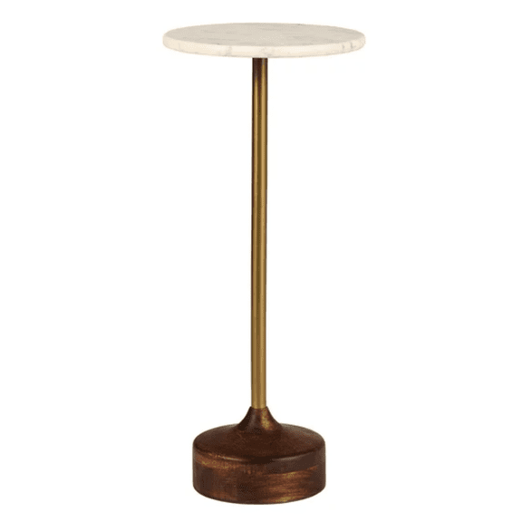 FENGFAN White Marble Drink Side Table Solid Brass Wood Frame No Assembly 9.5"W x 9.5"L x 22.3"H Single Pack