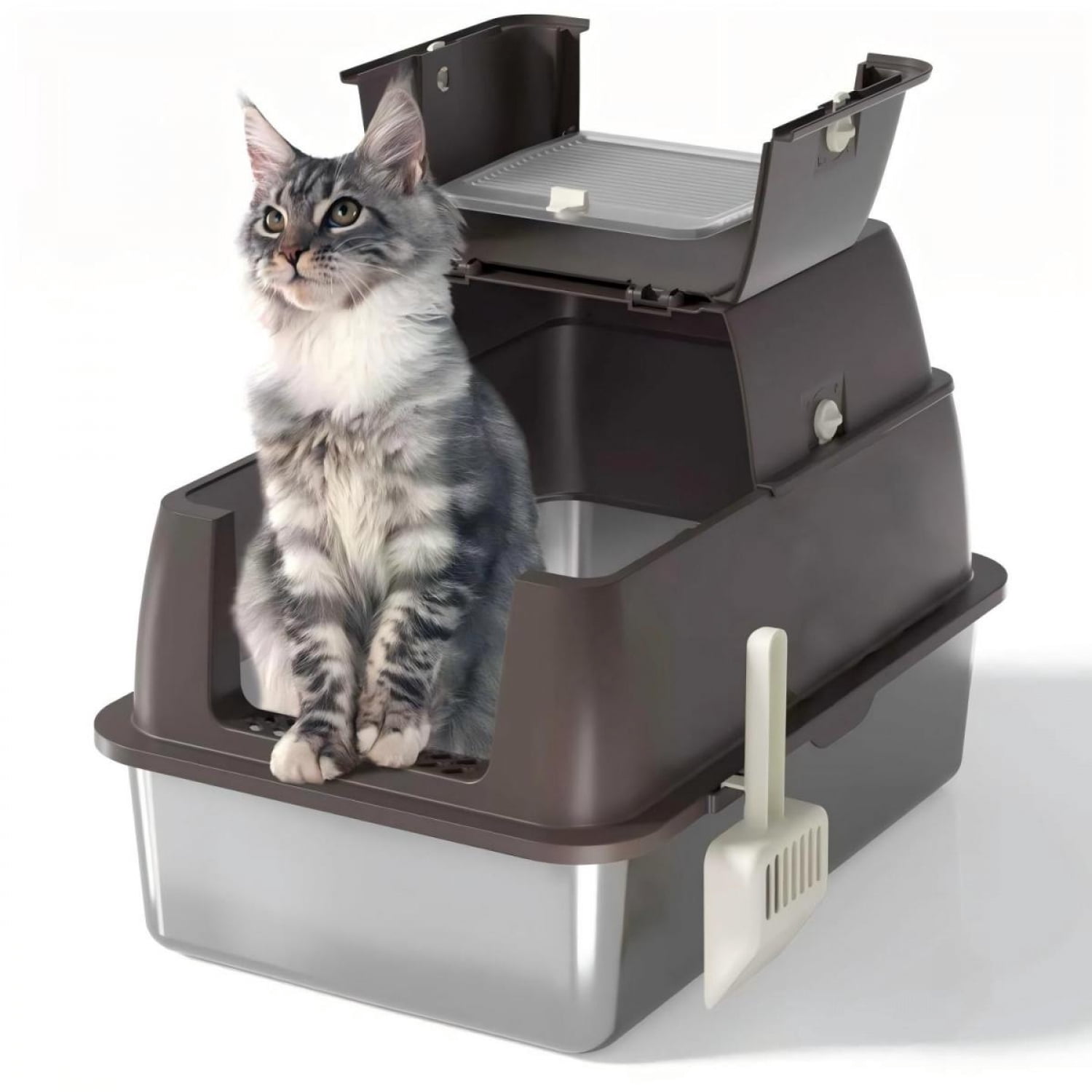 FENGFAN XL Stainless Steel Cat Litter Box with Lid, 180 °   Flip-Top, Odor-Proof Anti-Leak with Scoop for Large Cats, 1 Pack