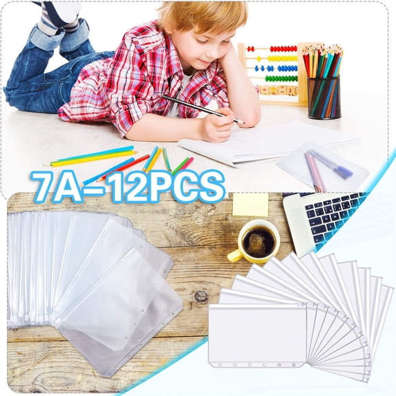 FENGGHAO 12Pcs A7 Binder Pockets Plastic Zip Document Holders Waterproof 6 Hole Loose Leaf PVC Pouches Translucent Storage