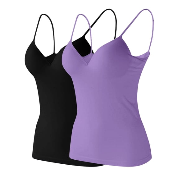 FENGGHAO 2-Pack Women's Modal Camisole with Built-in Bra, Adjustable V Neck Tank Tops with Soft Pads, Comfortable Layering Cami for Daily Wear