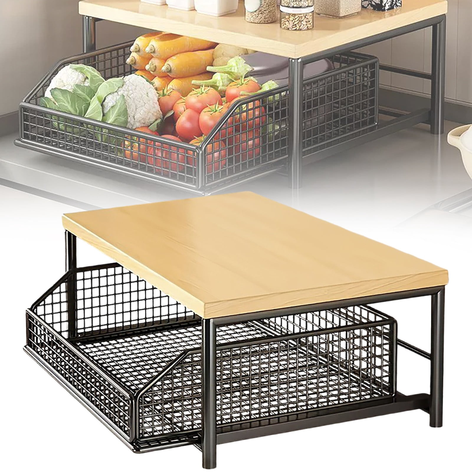 FENGGHAO 2-Tier Kitchen Countertop Organizer with Drawer and Wire Basket Hardwood Shelf for Microwave Coffee Maker Space Saving Storage