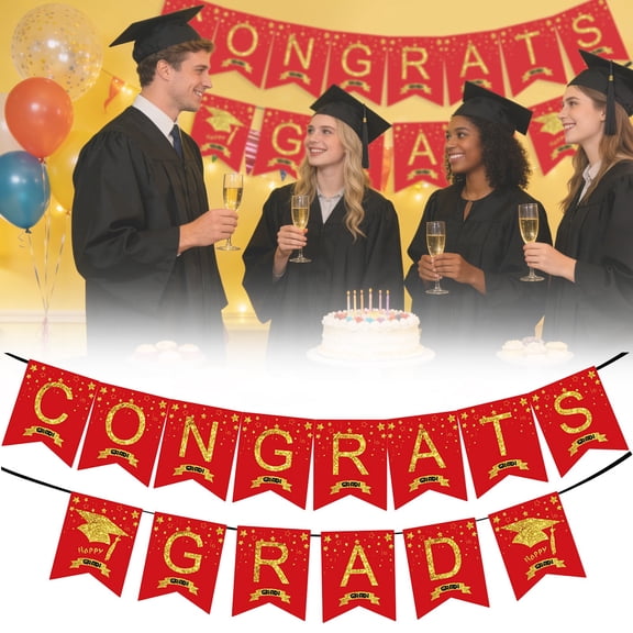 FENGGHAO 2026 Graduation Banner Congrats Grad Decoration Glitter Star Pattern Marquee Style Letters Pre-Strung Pennant Flag For Class Of 2026 Graduation Party Supplies