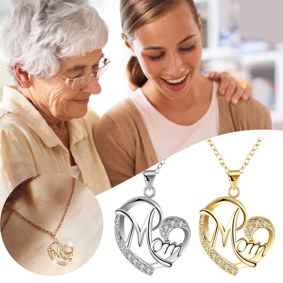 FENGGHAO 2PCS Mom Heart Necklace Set Gold Silver Hollow Love Pendant Rhinestone Alloy Jewelry for Women Mothers Day Gift