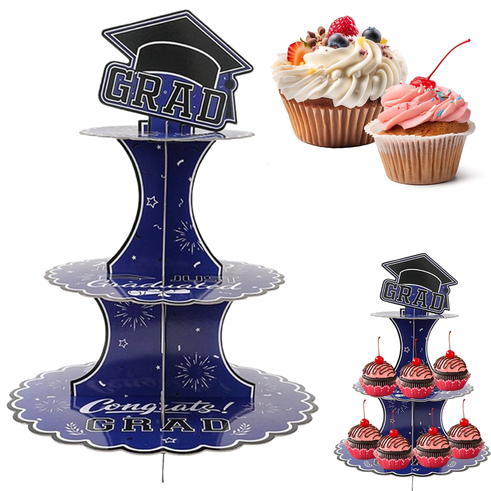 Grad Topper Stand FENGGHAO 3 Tier Graduation Cupcake Stand Black Gold Dessert Tower with ...