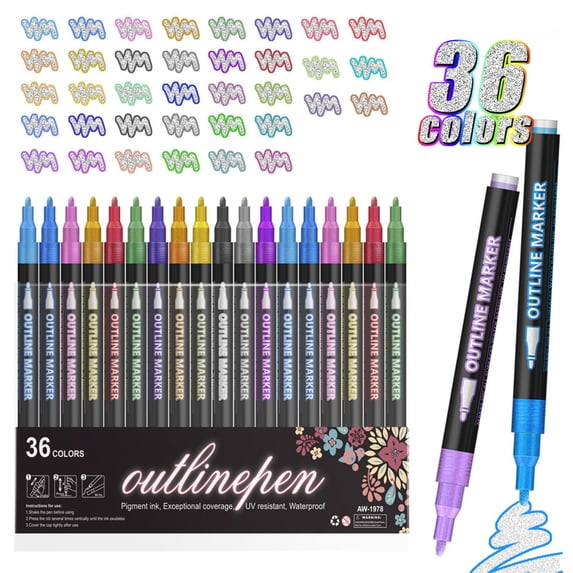 FENGGHAO 36 Pack Double Line Outline Pens, 1.5ml Glitter Gel Pens Set with Water-Based Ink for Adult Coloring Books Scrapbooking Journaling Drawing Craft