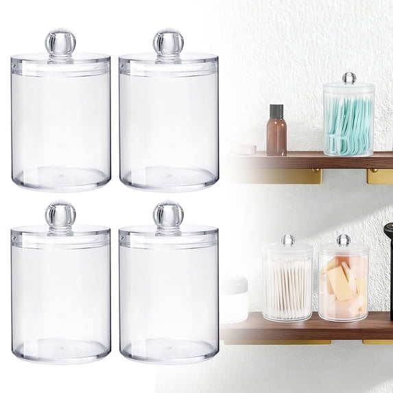 FENGGHAO 4 Pack Clear Acrylic Cotton Swab Holder Bathroom Storage Jar With Lid Q Tips Dispenser Organizer For Vanity Counter