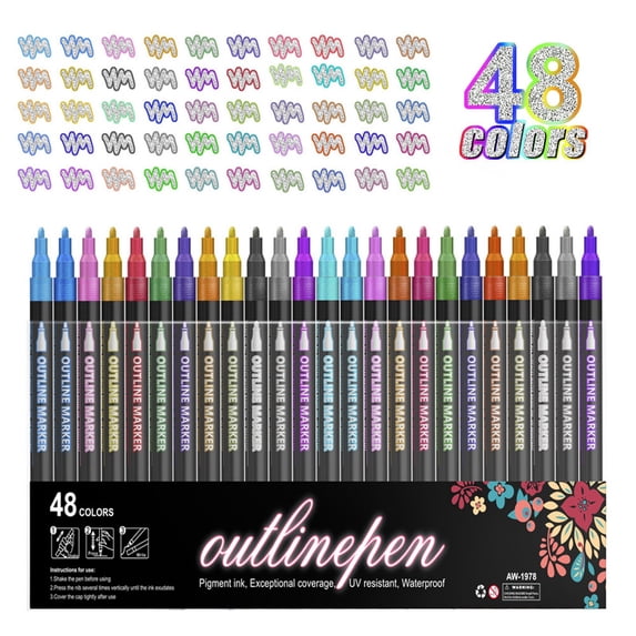 FENGGHAO 48 Pack Double Line Outline Pens, 1.5ml Glitter Gel Pens Set with Water-Based Ink for Adult Coloring Books Scrapbooking Journaling Drawing Craft