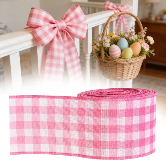 FENGGHAO 5 Yard 2.5 Inch Easter Wired Edge Ribbon Pink Plaid Pattern Ribbon For Wreath Bow DIY Crafts Spring Decor