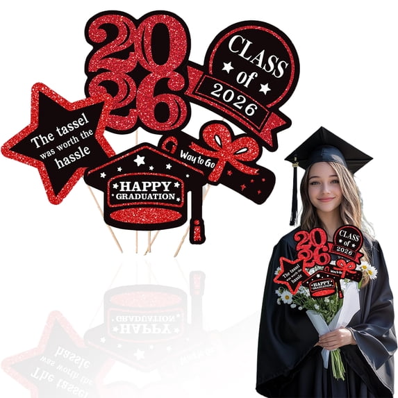 FENGGHAO Class of 2026 Graduation Centerpiece Sticks Congrats Grad Table Toppers Set of 5 Cards with Sticks for College Party Decor