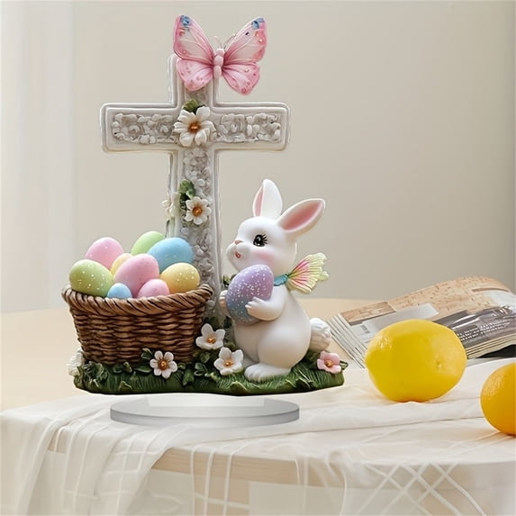 FENGGHAO Easter Bunny Acrylic Egg Ornament Festive Tabletop Home Decor for Easter Celebration