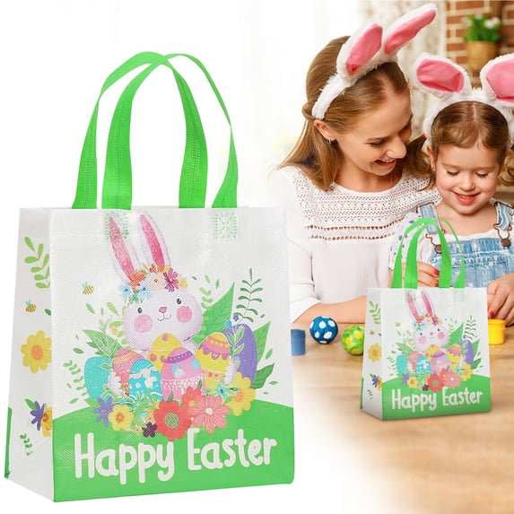 FENGGHAO Easter Tote Bags With Handles, Set of 4 Non Woven Reusable Shopping Bags for Easter Candy, Party Decorations and Gifts