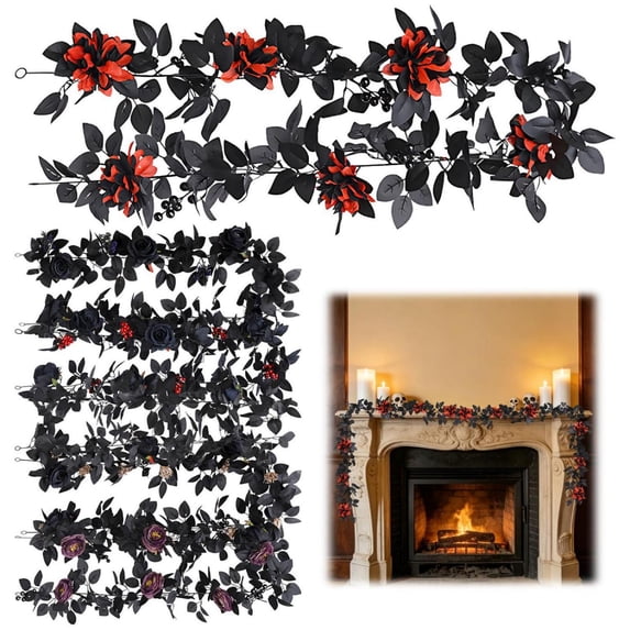 FENGGHAO Fall Wreath Black Rose Garland With Gothic Artificial Flowers And Berry Accents, Halloween Wreath Hanging Vine Decor For Home Mantle Fireplace Wedding Party Decoration