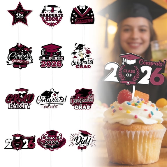FENGGHAO Graduation Cupcake Toppers Glitter Class of 2026 Congrats Grad Cap Picks for Graduation Cake Decorations