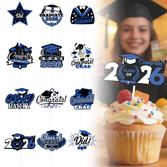 FENGGHAO Graduation Cupcake Toppers Glitter Class of 2026 Congrats Grad Cap Picks for Graduation Cake Decorations