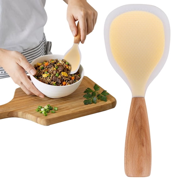 FENGGHAO Light Yellow Silicone Rice Spoon Short Wooden Handle Heat Resistant Non Stick Spatula For Rice Cooker Baking