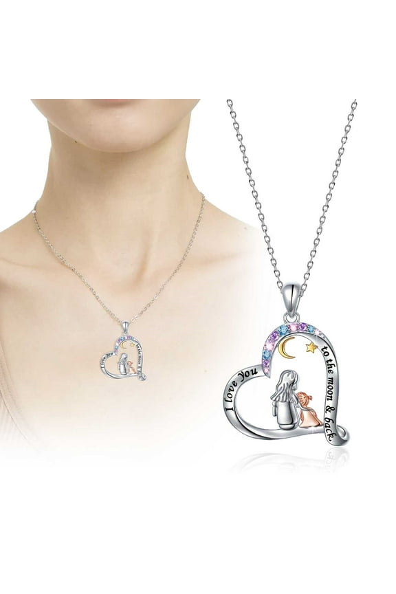 Mother Daughter Necklace Moon Star Heart Pendant Engraved I Love You to the Moon and Back Sterling Silver Rose Gold Plated Gift for Women