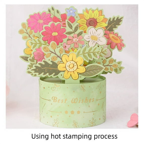 FENGGHAO Mothers Day 3D Pop Up Flower Card Bronzing Bouquet Design Handmade Paper Carving Greeting Card with Removable Note Tag