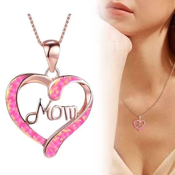 FENGGHAO Mothers Day Heart Pendant Necklace with Mom Letter Dainty Aluminum Alloy Jewelry Adjustable Chain Pink Tone Gift for Mom