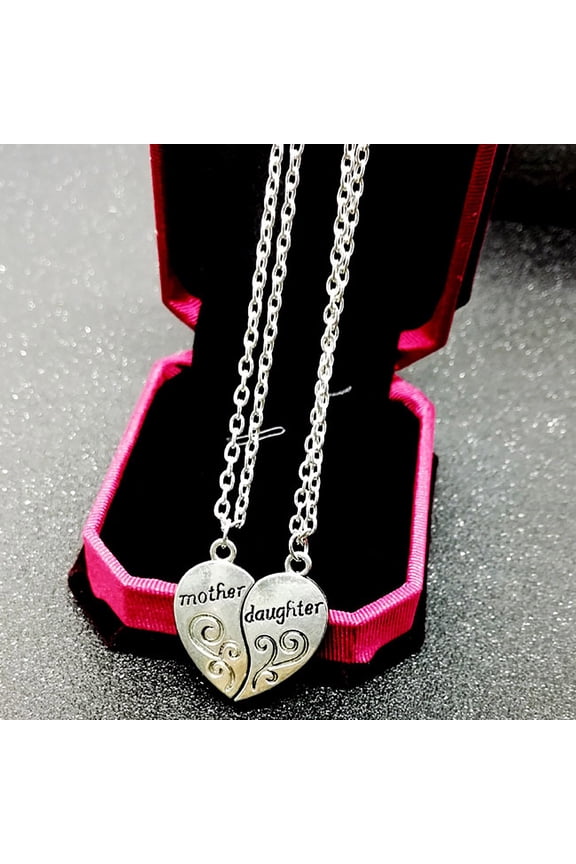 Mothers Day Mother Daughter Heart Pendant Necklace Silver Tone Alloy Love Mom Jewelry Gift for Women