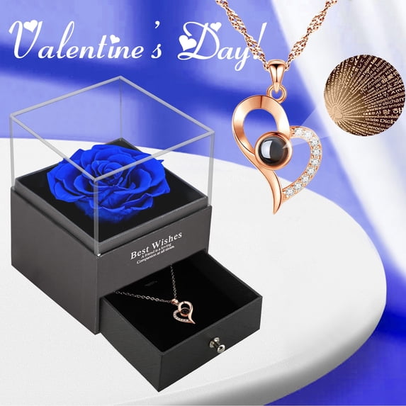 FENGGHAO Mothers Day Preserved Rose Gift Box with Silver Heart Necklace Everlasting Flower and Jewelry Set Romantic Eternal Rose Keepsake for Mom