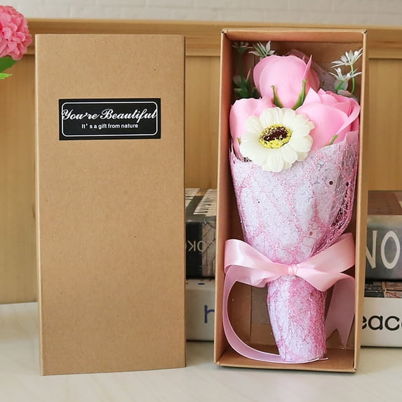 FENGGHAO Mothers Day Soap Flower Bouquet Gift Box 3 Roses and Carnations Blue Artificial Flowers Everlasting Floral Arrangement in Kraft Box