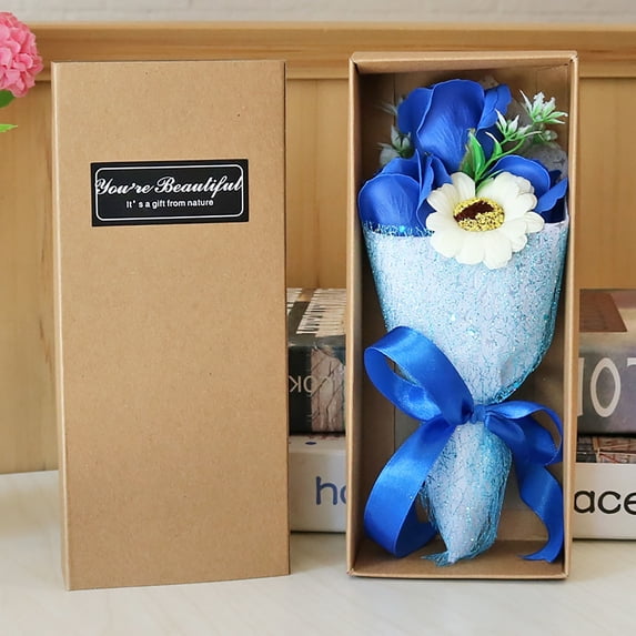 FENGGHAO Mothers Day Soap Flower Bouquet Gift Box 3 Roses and Carnations Blue Artificial Flowers Everlasting Floral Arrangement in Kraft Box