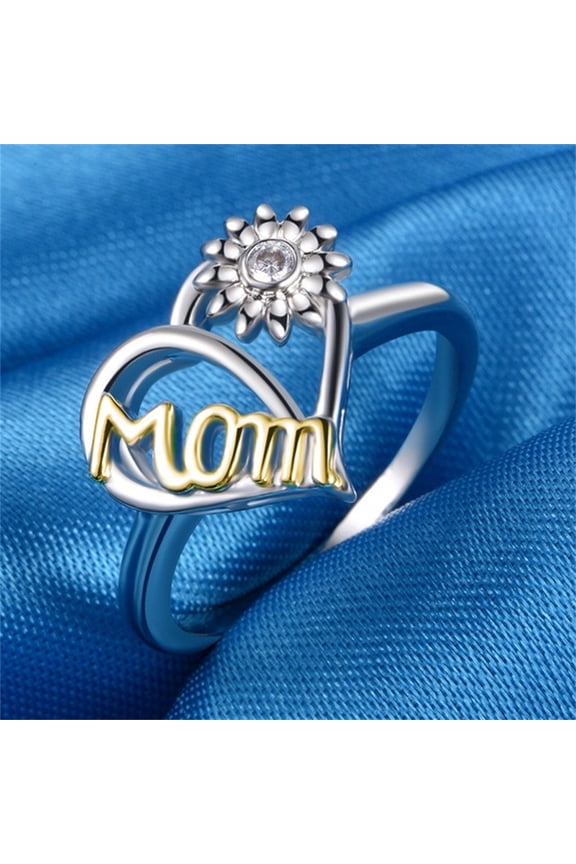 Mothers Day Sunflower Heart Ring Love Mom Design Silver Tone Alloy Creative Finger Ring Size 8 Gift for Women