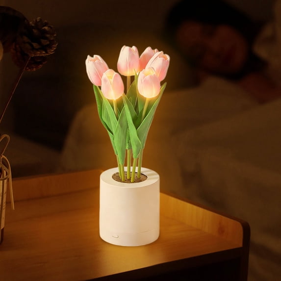 FENGGHAO Mothers Day Tulip Night Light 6 Heads Pink Artificial Flower LED Lamp with Vase Dimmable Rechargeable Table Centerpiece Home Decor