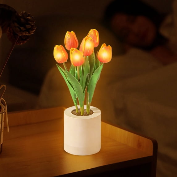 FENGGHAO Mothers Day Tulip Night Light 6 Heads Yellow Artificial Flower LED Lamp with Vase Dimmable Rechargeable Table Centerpiece Home Decor