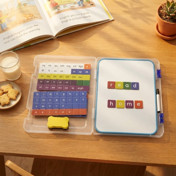 FENGGHAO Phonics Magnetic Kit with 112 Pieces, Alphabet & Sight Words Magnets with Dry Erase Board, Interactive Reading Skills Tool for Home and Classroom