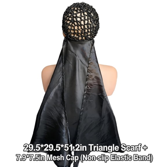 FENGGHAO Satin Wrap Cap Hair Net and Scarf Combo for Silk Press - Soft Hair Net with Scarf for Sleeping, Protective Hair Wrap Scarf (Black)