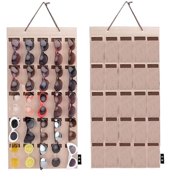 FENGGHAO Sunglasses Wall Organizer 25 Pockets Hanging Eyeglass Storage Holder with Rope for Closet Door Display Khaki