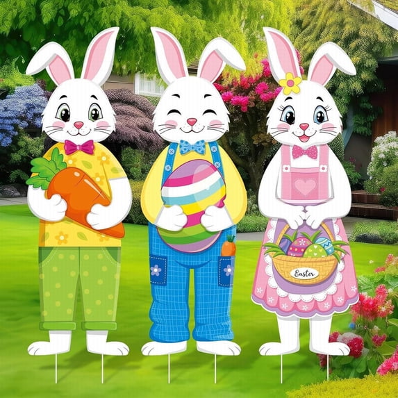 FENGGHAO Vintage Metal Easter Bunny Outdoor Yard Decorations with Carrot and Eggs, Farmhouse Rustic Garden Signs Includes Stakes for Home