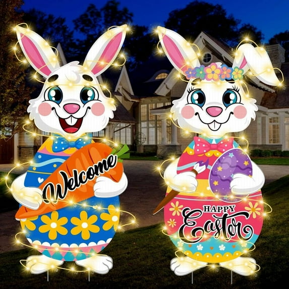 FENGGHAO Vintage Metal Easter Bunny Outdoor Yard Decorations with Carrot and Eggs, Farmhouse Rustic Garden Signs Includes Stakes for Home