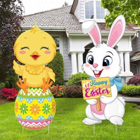 FENGGHAO Vintage Metal Easter Bunny Outdoor Yard Decorations with Carrot and Eggs, Farmhouse Rustic Garden Signs Includes Stakes for Home