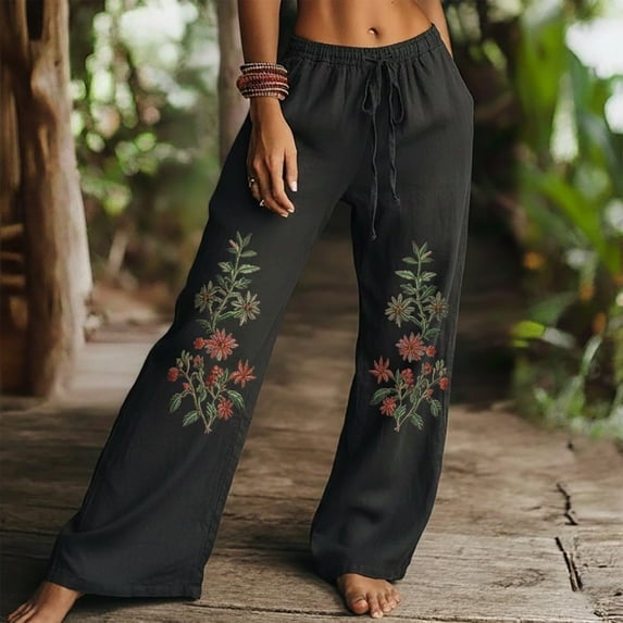 FENGGHAO Women Casual Daily Embroidery Flower Cotton Linen Western Retro Style Plus Size Pants