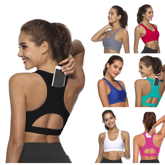 FENGGHAO Women High Impact Sports Bra with Back Pocket for Running Yoga Workout, Padded Support Women Solid Sport Bra