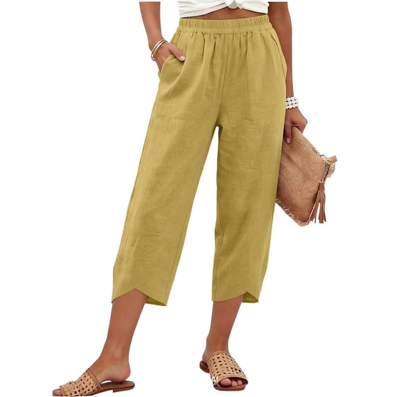 FENGGHAO Women's Summer Linen Cotton Pants Elastic Waist 7/8 Cropped Trousers Lightweight Casual Loose Fit Pants For Daily & Vacation Wear