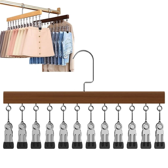 FENGGHAO Wooden Pants Hanger Space Saving Closet Organizer Multi Clip Skirt Scarf Holder Vertical Hanging Rack Retro 10 Clips