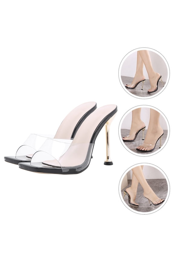1Pair Chic Black Female Slippers Plated Heel Shoes Featuring Breathable Transparent PVC Material