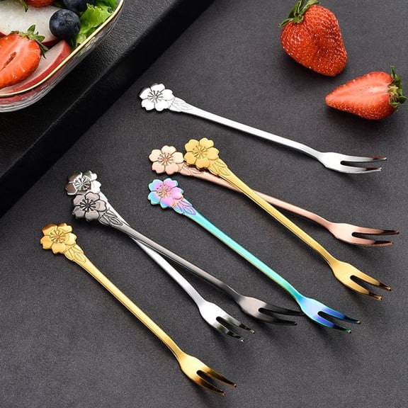 FENGGUIQU 10Pcs Plated Silver Stainless Steel Dessert Forks for Fruits Cake Snacks Two Prong Reusable Picks