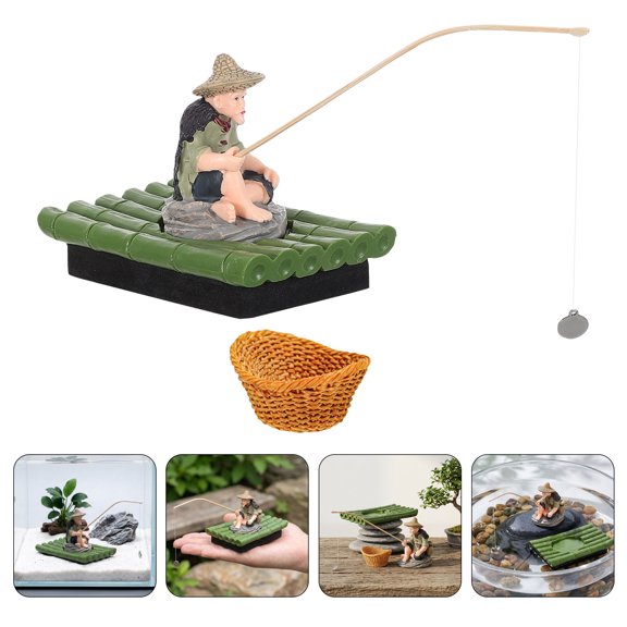 FENGGUIQU Asian Style Floating Fisherman Figurine Green Raft Aquarium Garden Decoration Set