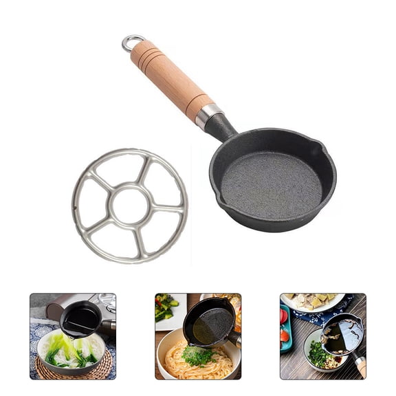 FENGGUIQU 1Set Oil Heating Pan Cast Iron with Wood Handle and Stove Rack for Kitchen