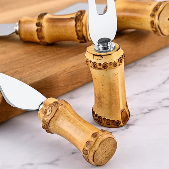 FENGGUIQU 1Set Multi Function Cheese Fork and Cutter Set Bamboo Handle Assorted Color