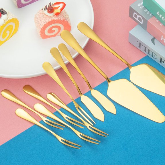 FENGGUIQU 1Set Multi Function Golden Cake Server Pizza Cutter and Cheese Fork