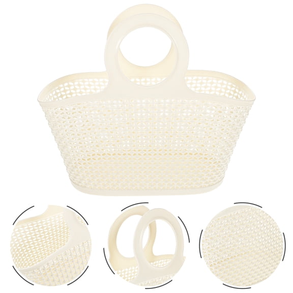 FENGGUIQU Set of 2 Beige Bathroom Shower Baskets with Round Handles, PP Plastic Storage Organizers for Bathroom Decor